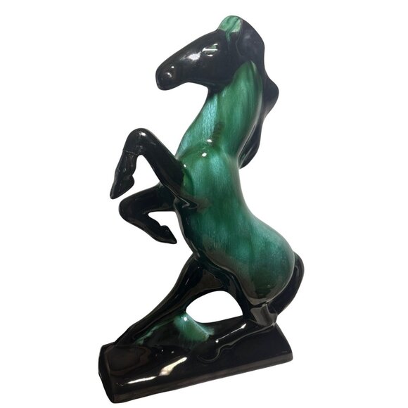 Blue Mountain Pottery Rearing Horse Large 14" Tall Green Drip Glaze MCM READ - Picture 1 of 14